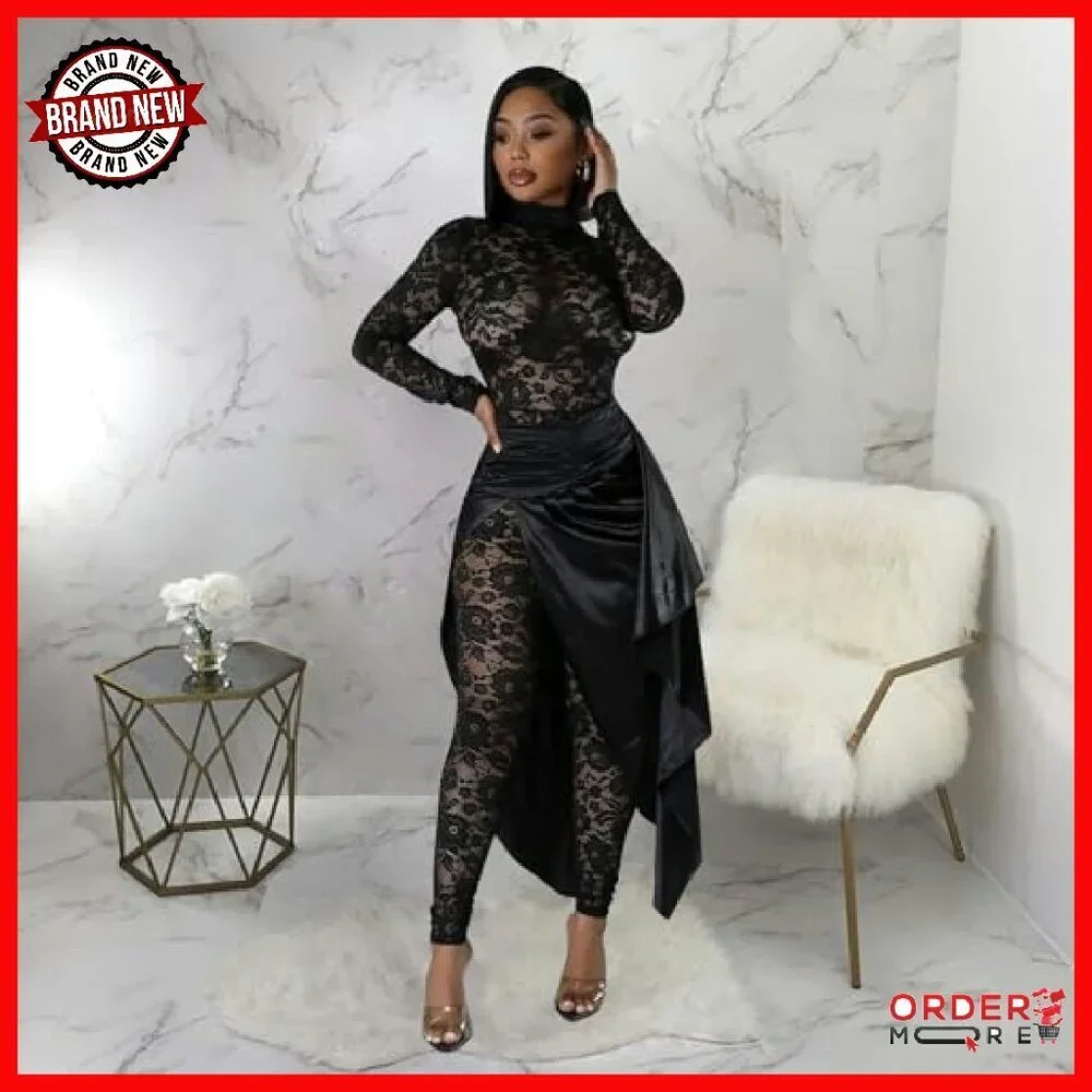 Women's Lace Jumpsuit Long Sleeve See Through Bodycon Club Outfit